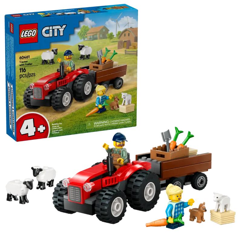 60461 Red Farm Tractor with Trailer & Sheep